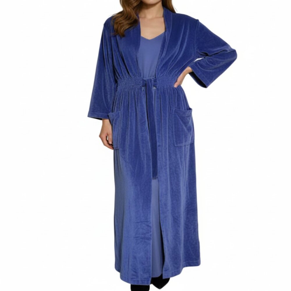 Vintage Velour Smocked Waist Royal Blue Maxi Robe - Size M - Picture 2 of 12